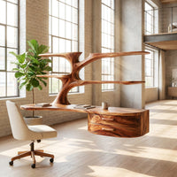 Rustic Wooden Desk With Sculptural Shelving And Drawer For Workspace, view 10