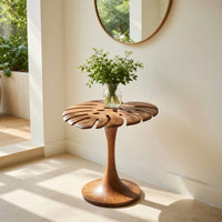Sculptural Wood Side Table With Leaf Shape Top For Living, view 10