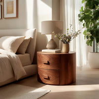 Solid Wood Nightstand Round Two Drawer Modern Bedroom, view 10