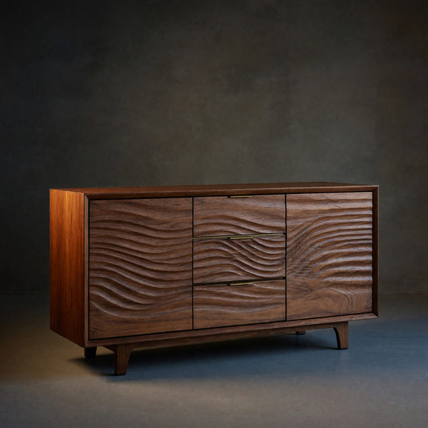 Solid Wood Sideboard With Wave Carving Minimalist Home