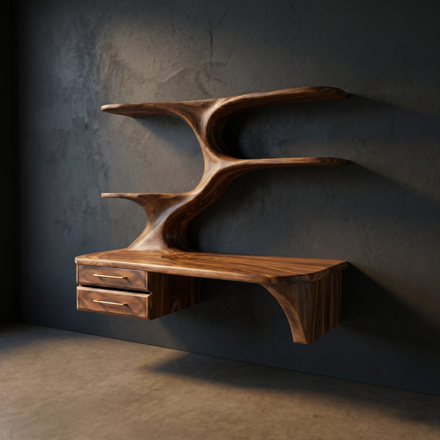 Organic Wooden Floating Desk With Branch Bookshelves For Home Office