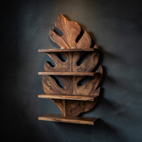 Solid Wood Corner Wall Bathroom Shelf Tropical Leaf Spa