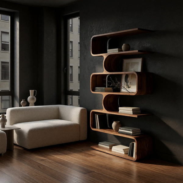 Stacked Ribbon Bookshelf with Alternating Open Bays