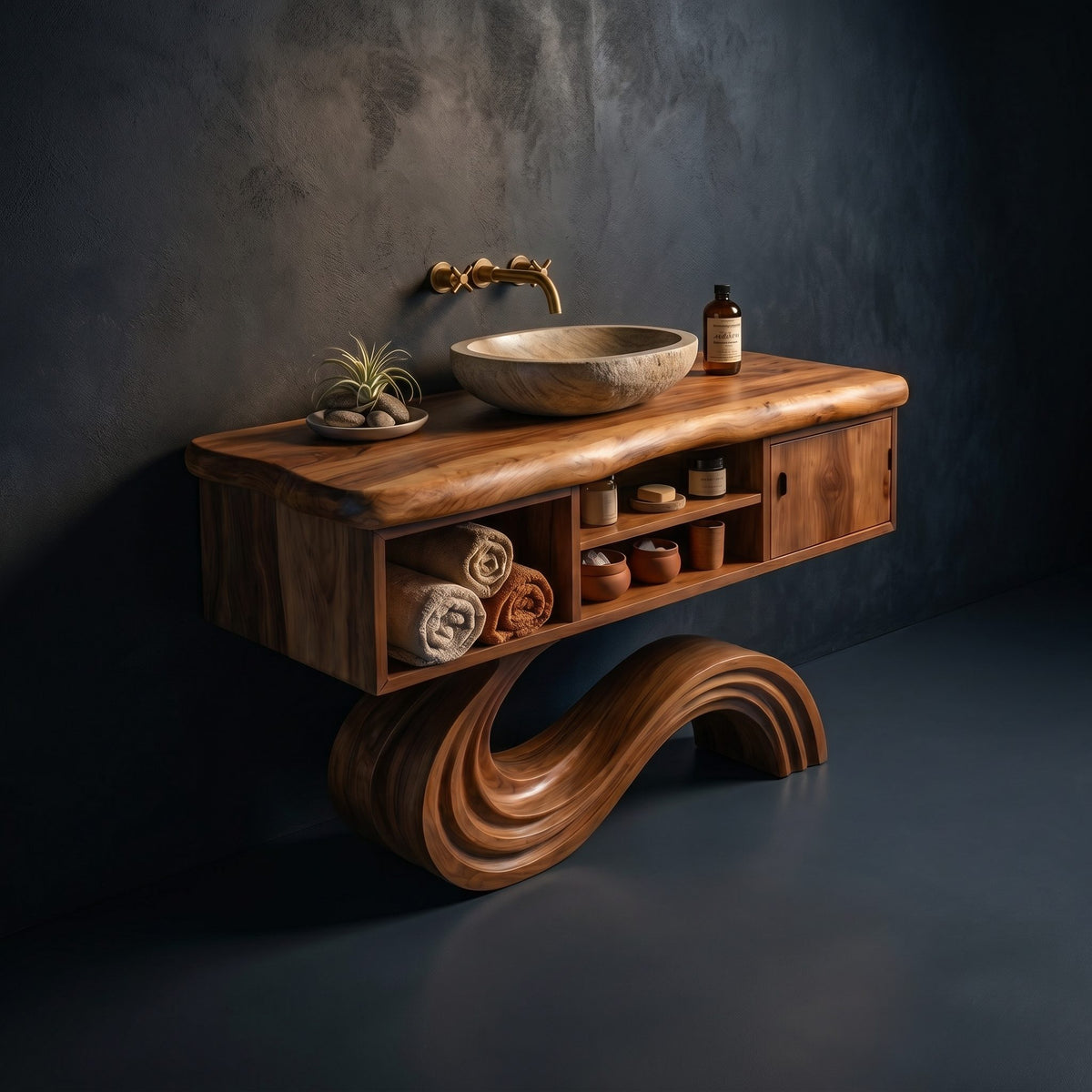 Solid Wood Bathroom Vanity Curved With Open Storage