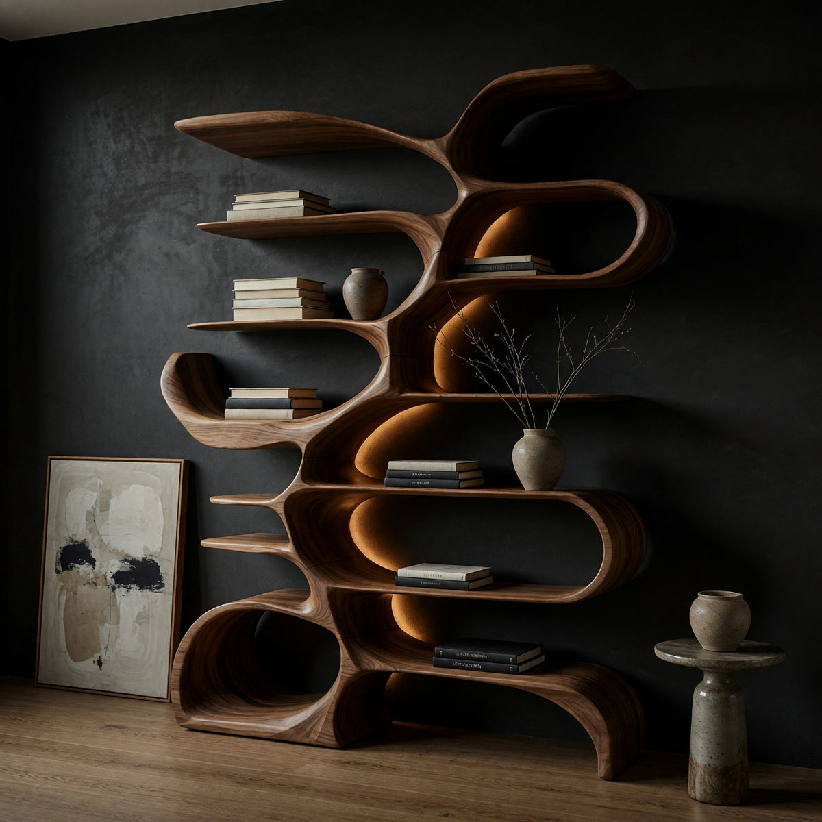 Bookcase for a Reading Corner in a Dark-Walled Room