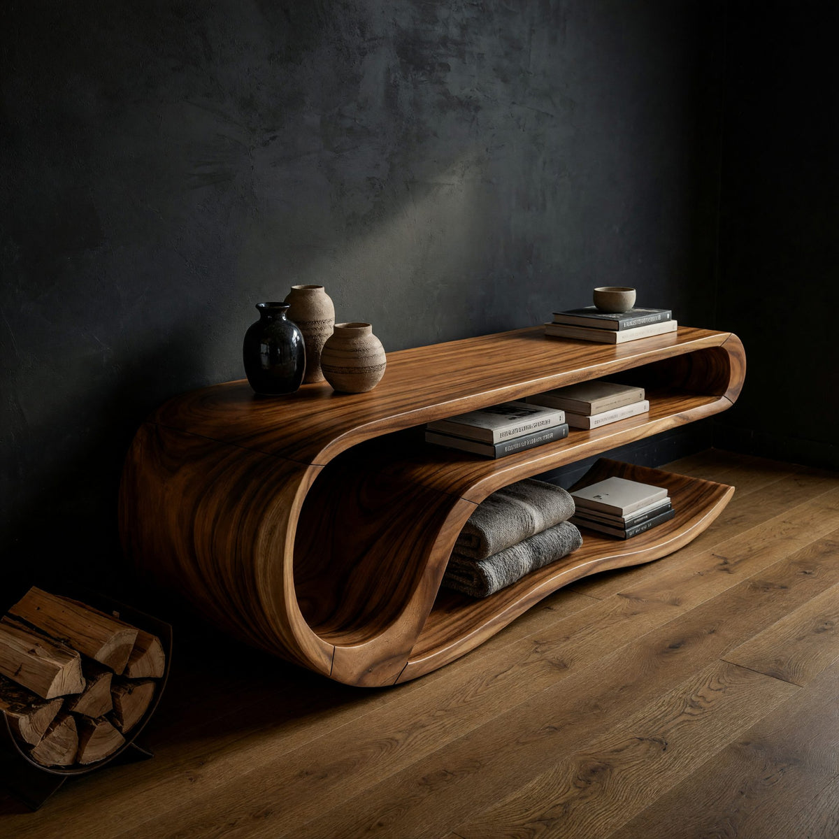 Driftfold Media Console, Carved from Solid Timber