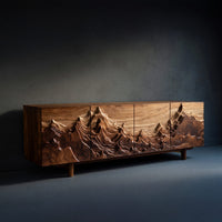 Solid Wood Sideboard Artistic With Carved Mountain Doors Living Room