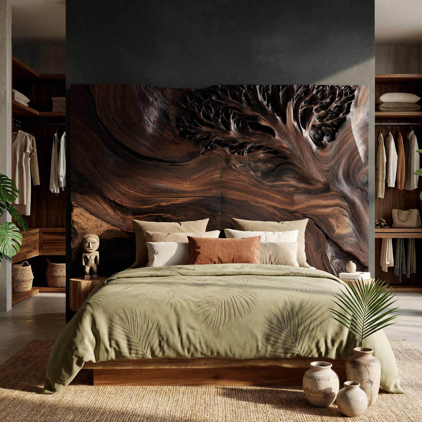 Solid Wood Headboard Tree Sculpture Tropical Luxury Bedroom
