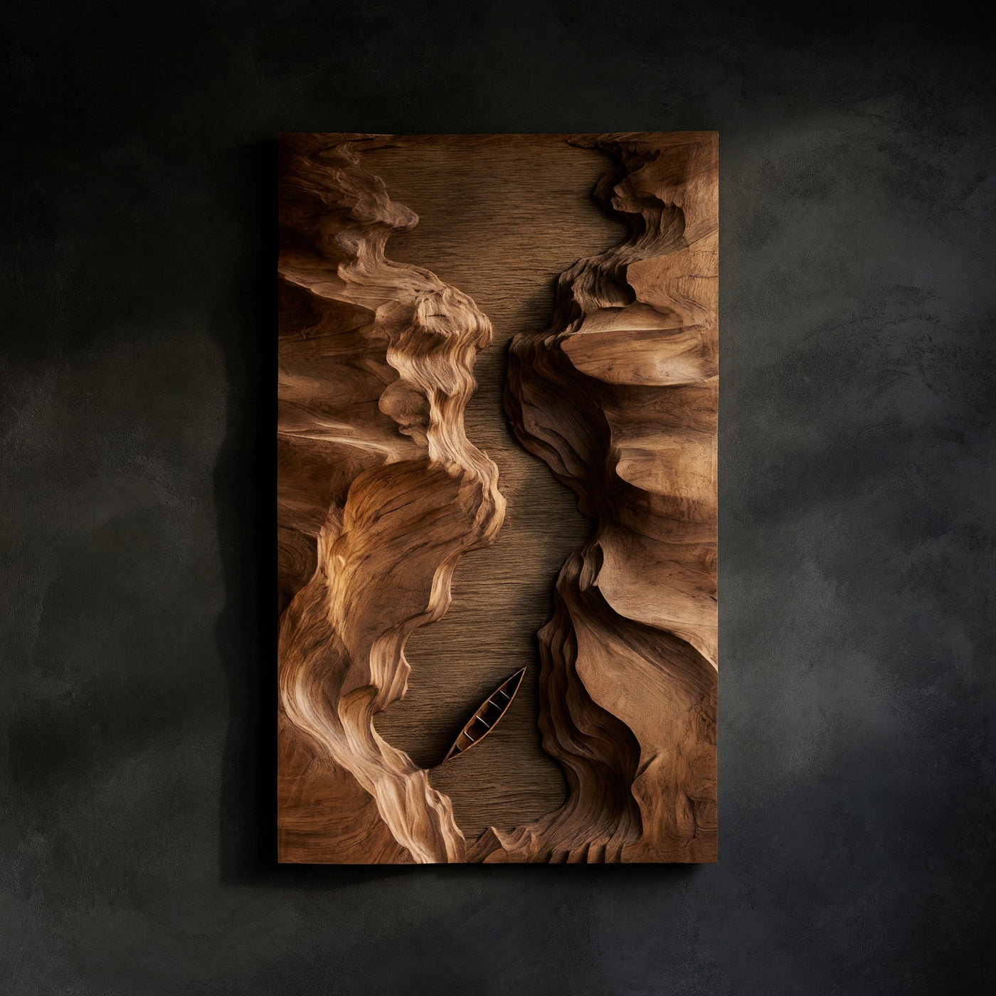 Hand-Carved Slot Canyon Wall Sculpture With a Lone Canoe