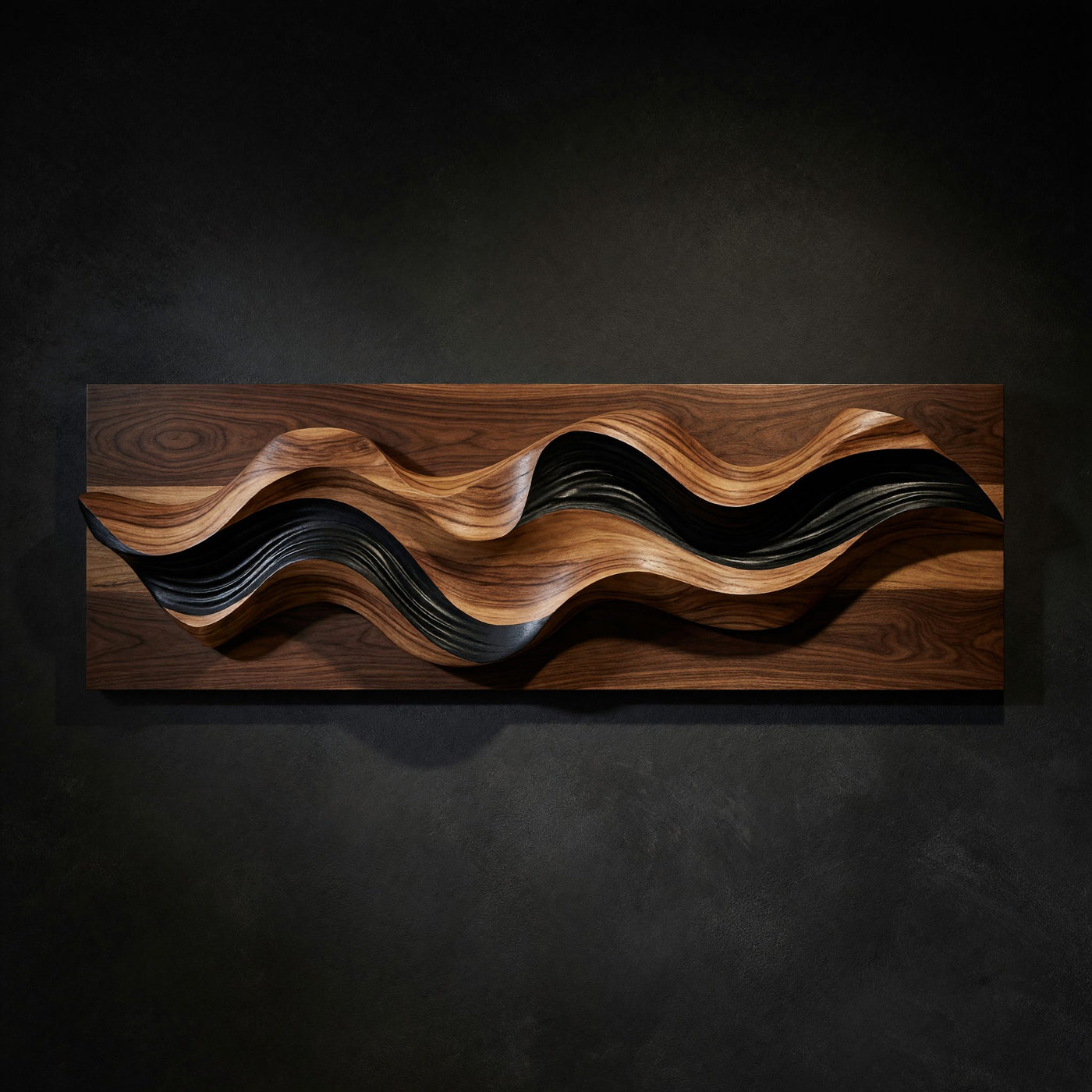 Hand-Carved Wave Relief in Walnut and Blackened Wood