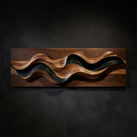 Hand-Carved Wave Relief in Walnut and Blackened Wood — view 1