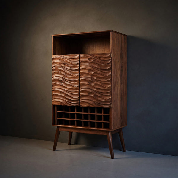 Solid Wood Bar Cabinet Wine With Wave Carved Doors Kitchen