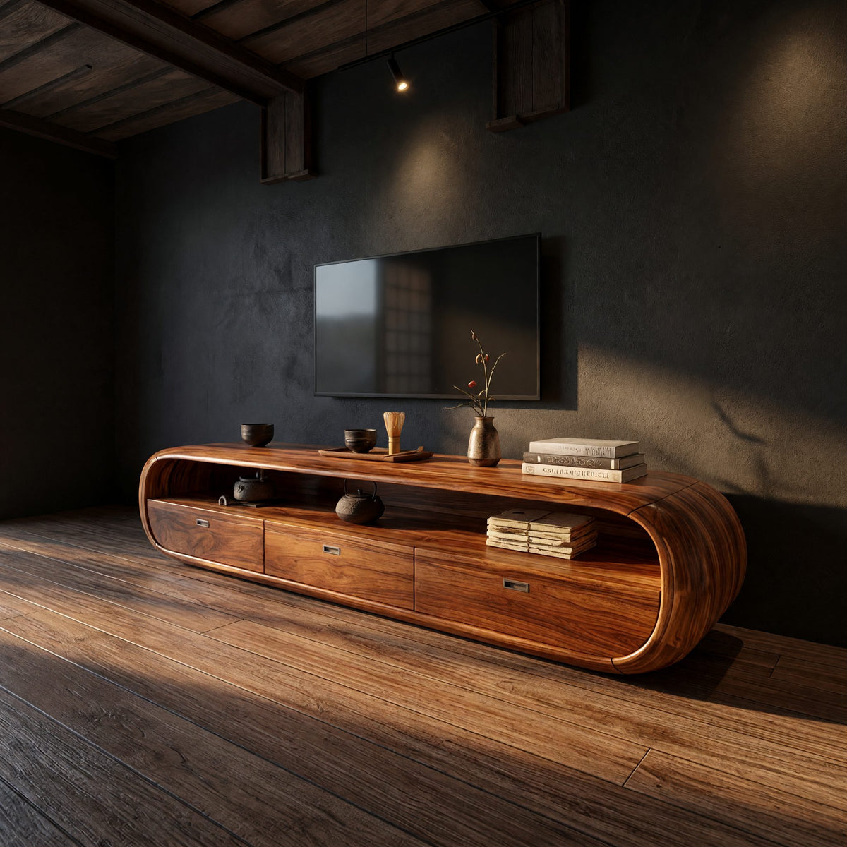 Capsule-Shaped TV Console for a Quiet Media Room