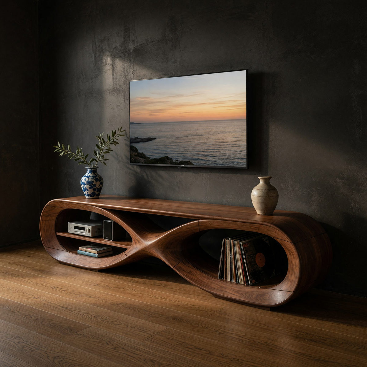 TV Console for a Living Room That Plays Records