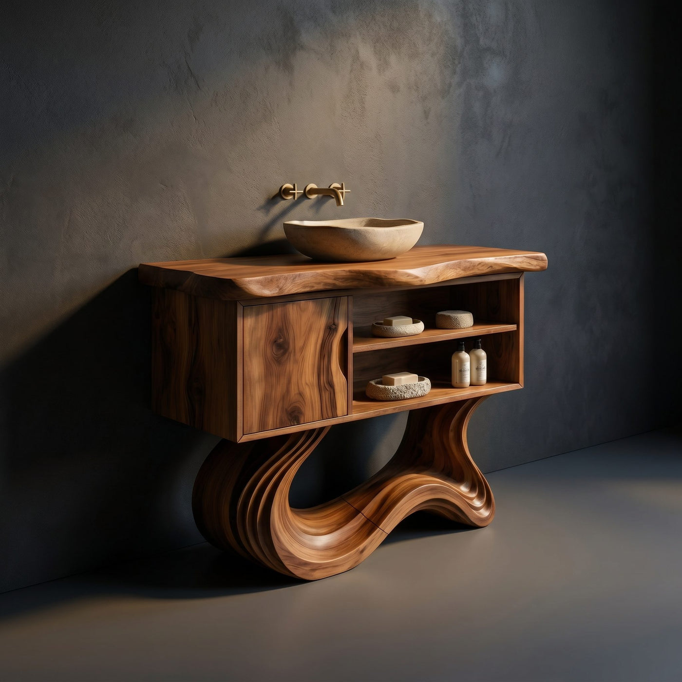 Solid Wood Bathroom Vanity Scandinavian Carved With Display Shelf