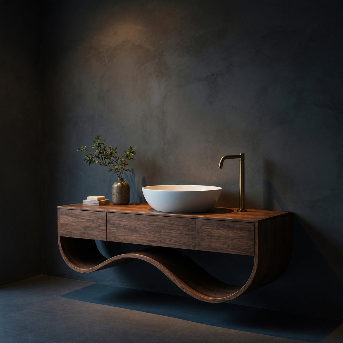 Solid Wood Bathroom Vanity Luxury Cabinet With Undulating Open Shelf Bath