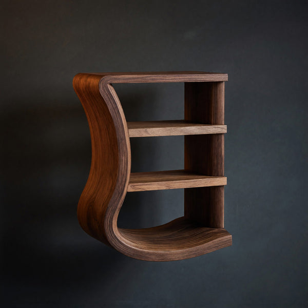 Solid Wood Nightstand Minimal Curved Open Shelf Design Bedroom