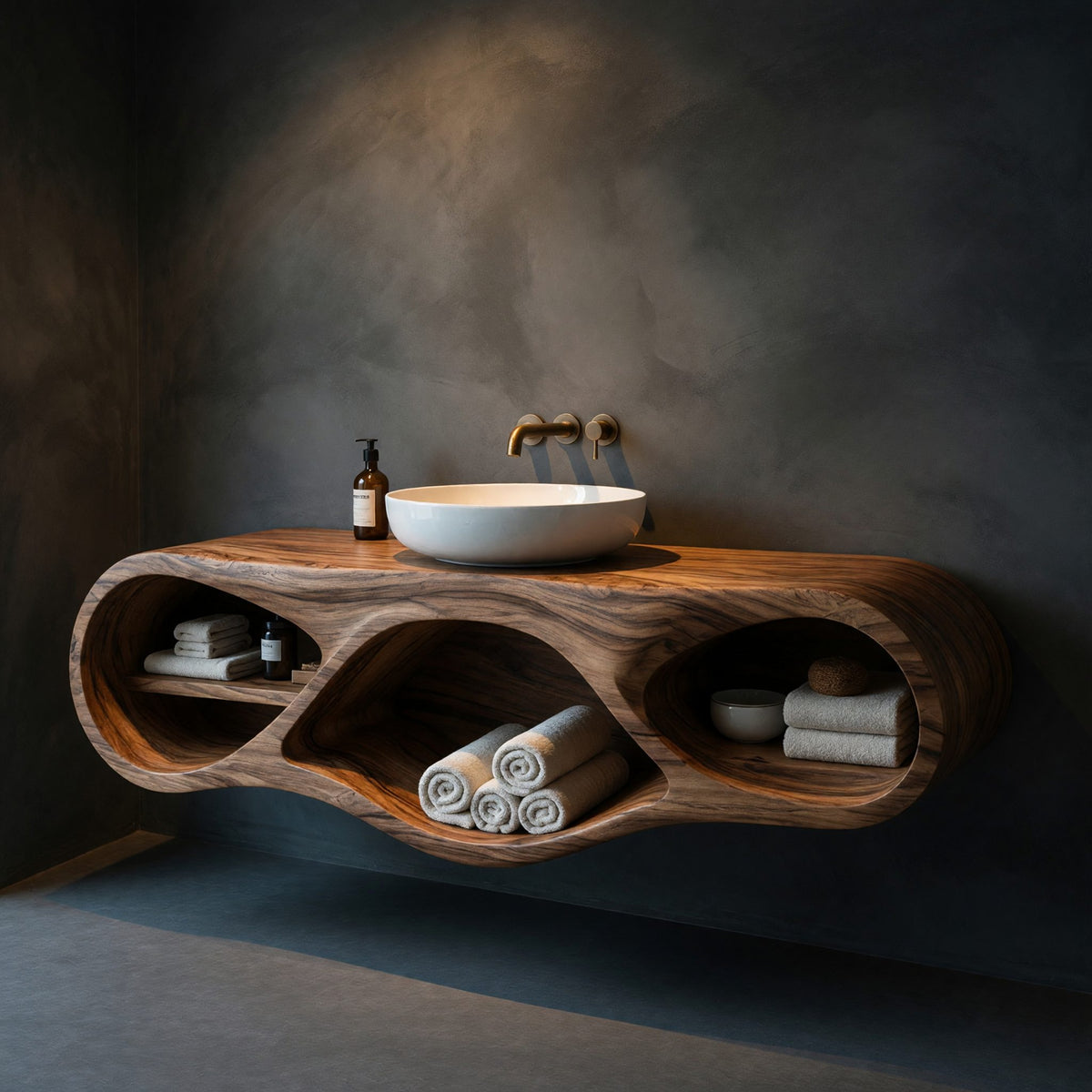 Solid Wood Bathroom Vanity With Oval Open Shelves Spa