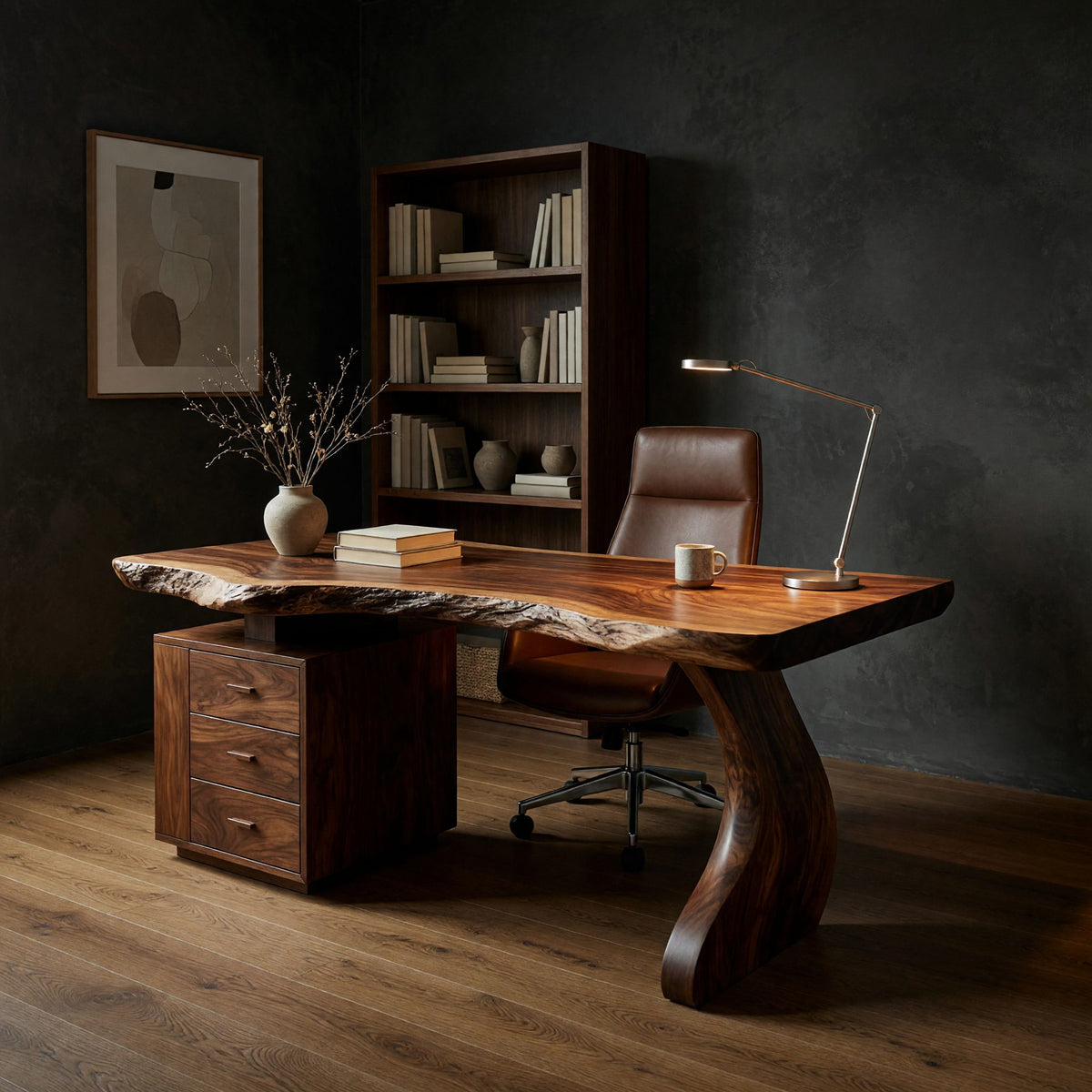 Curved S-Leg Desk with a Raw Live Edge Front