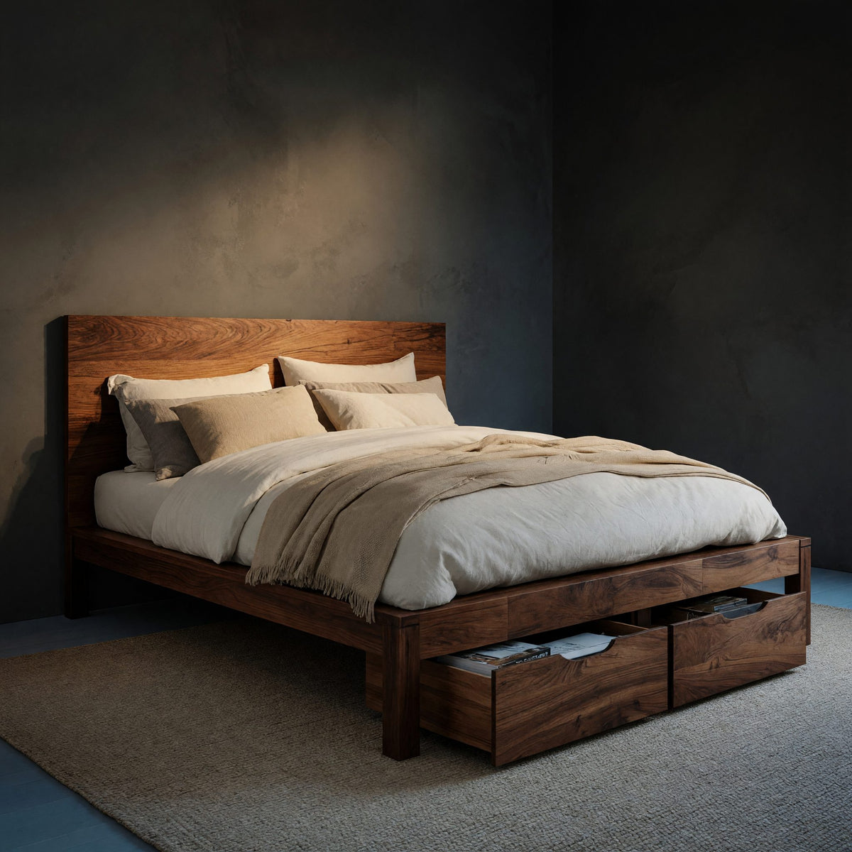 Solid Wood Bed Frame Storage Headboard With Drawers Bedroom