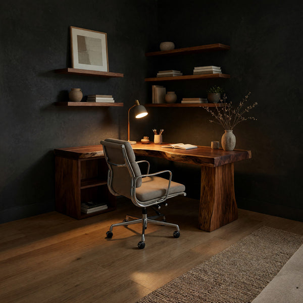 L-Shaped Corner Desk in Solid Hardwood with Shelves