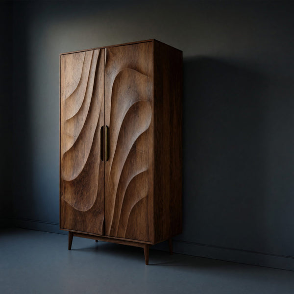Solid Wood Wardrobe Sculptural With Wave Doors Bedroom