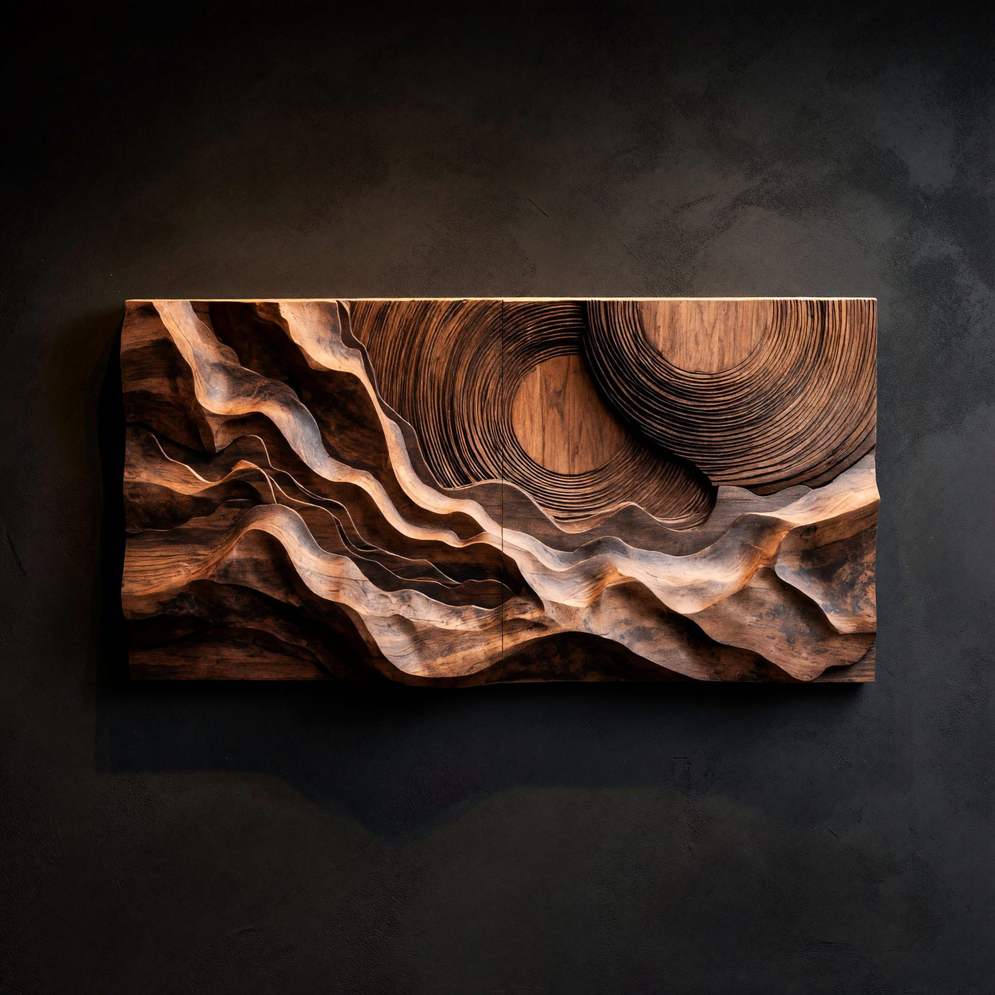 River and Sun in One Walnut Slab, Carved Wall Art