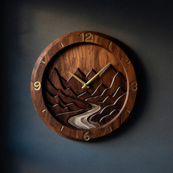 Solid Wood Clock Rustic Wall Mountain Landscape Decor Living
