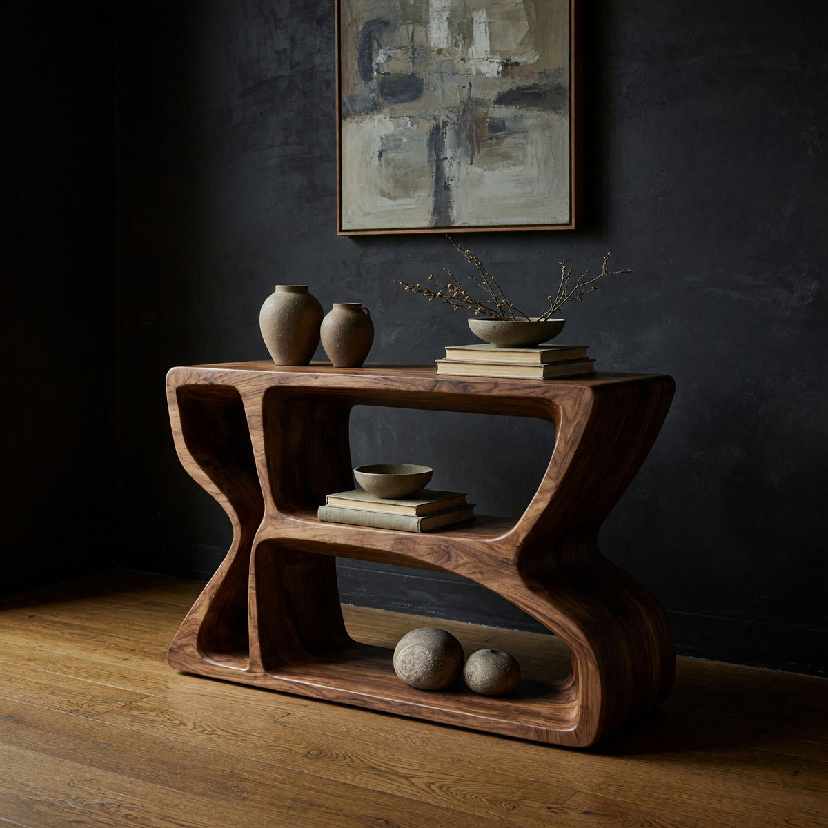 Hand-Carved Wave-Sided Console Table in Solid Walnut