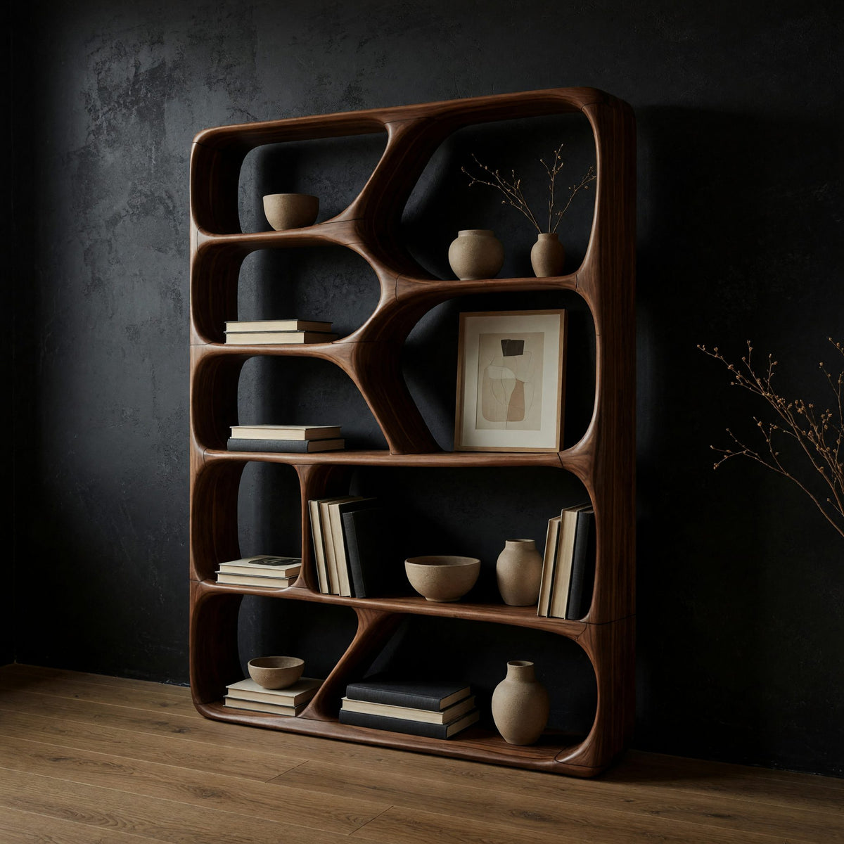 Hand-Shaped Bookcase with Branching Web Dividers