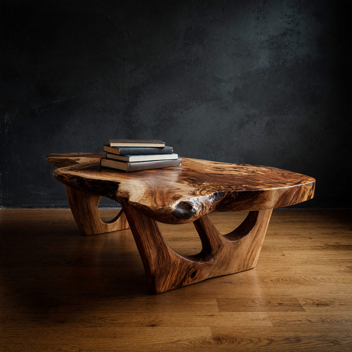 Hollow-Carved Pedestals Under a Free-Form Coffee Table