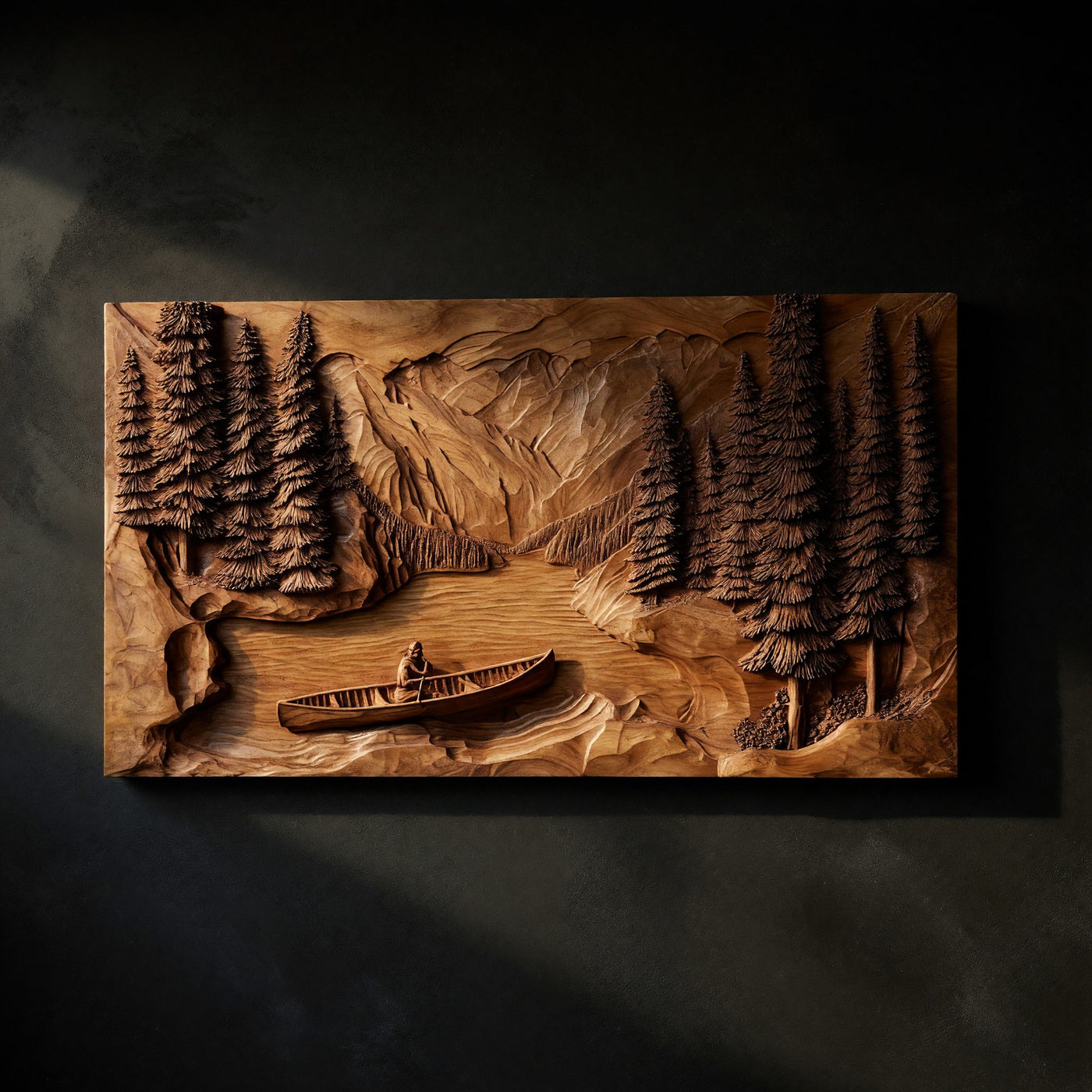 Deep-Relief Carving of a Lake Canoe, Solid Wood Wall Art