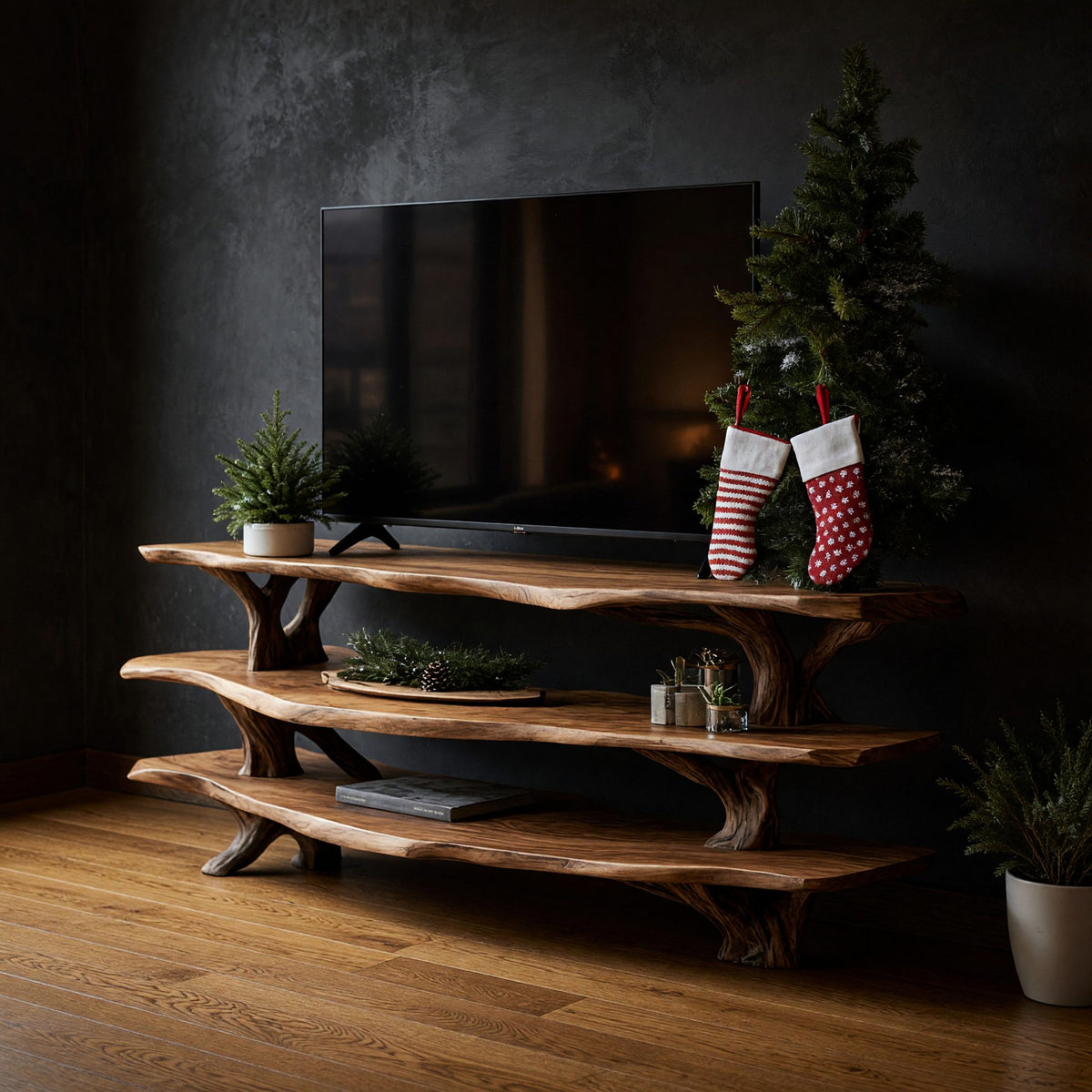 Three-Tier TV Console for an Open Living Room Wall