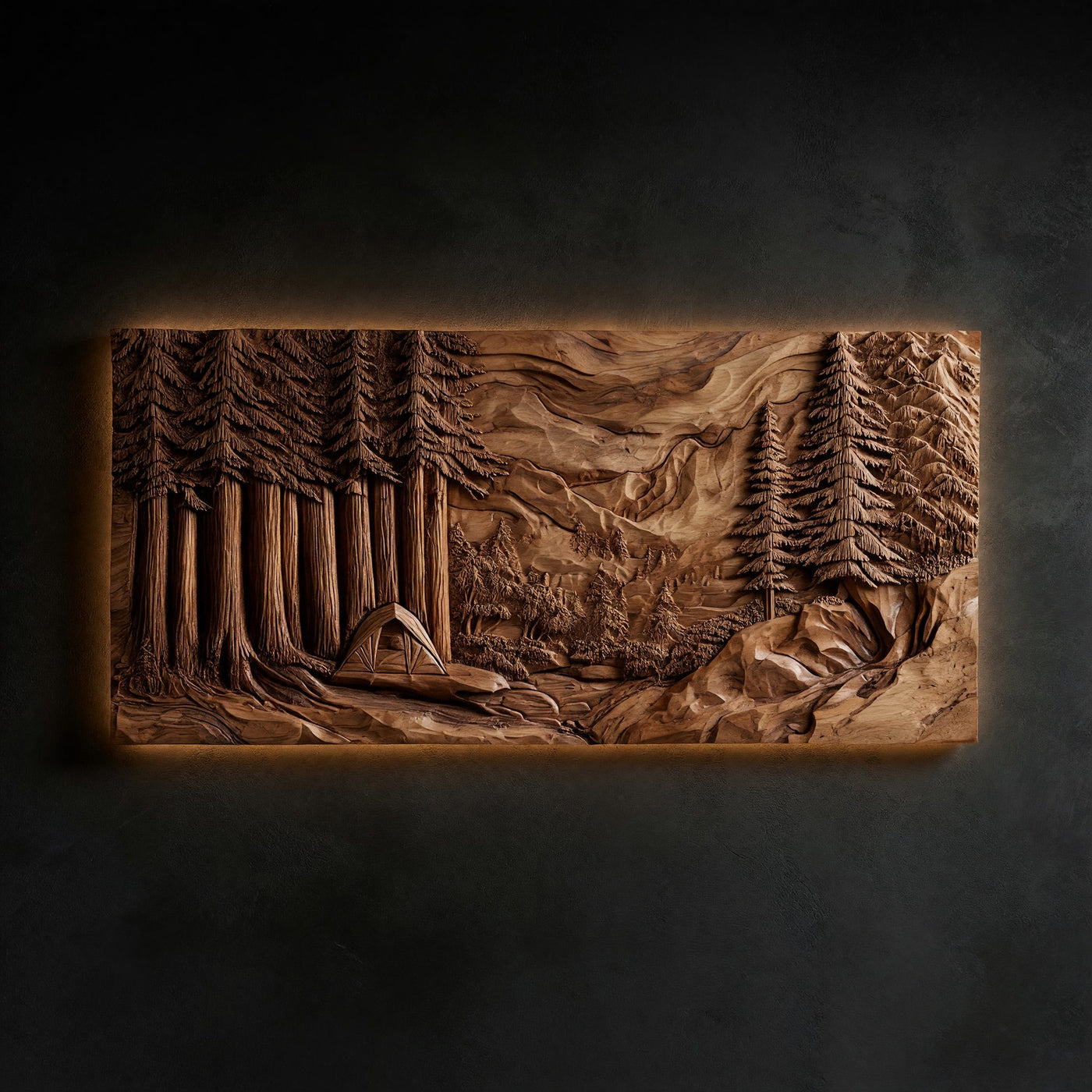 Redwood Camp and Mountain Carved Timber Wall Panel