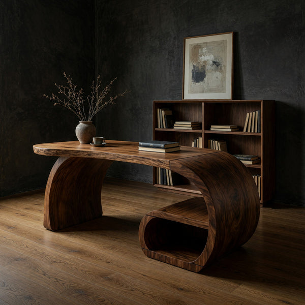 Hand-Carved Desk with Curled Scroll Base in Walnut
