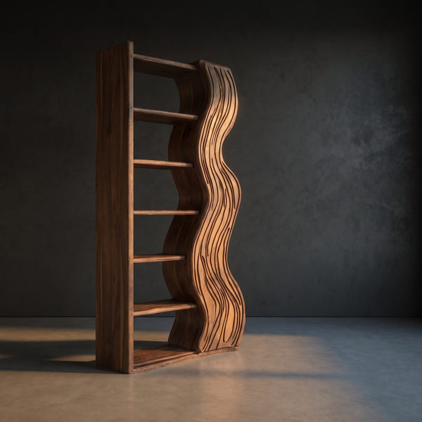 Modern Bookshelf With Wave Carved Side Panel For Office