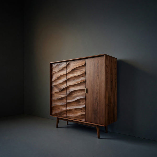 Solid Wood Bar Cabinet Wine With Wave Carved Doors Kitchen Area