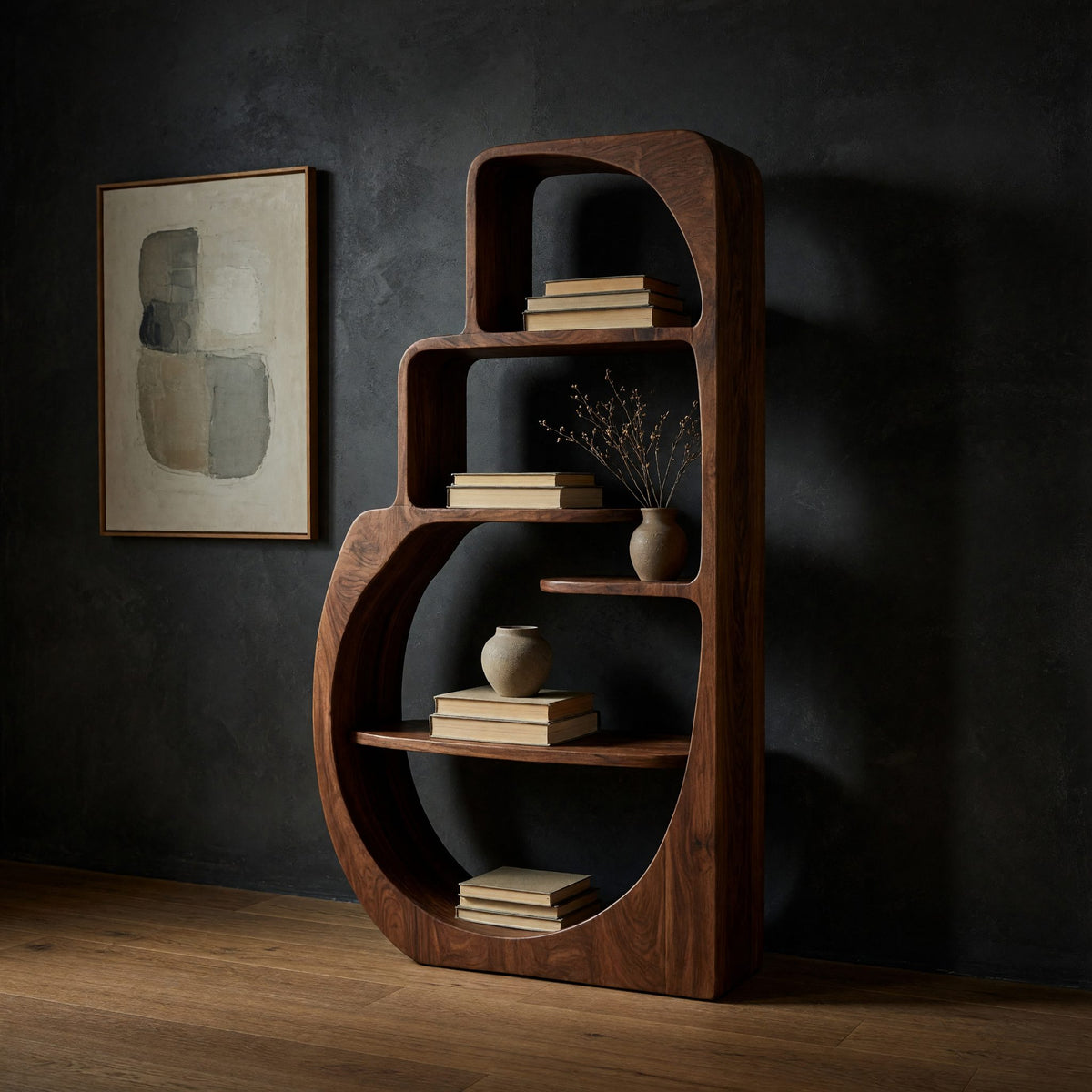 Four-Tier Bookshelf with a Carved Circular Base