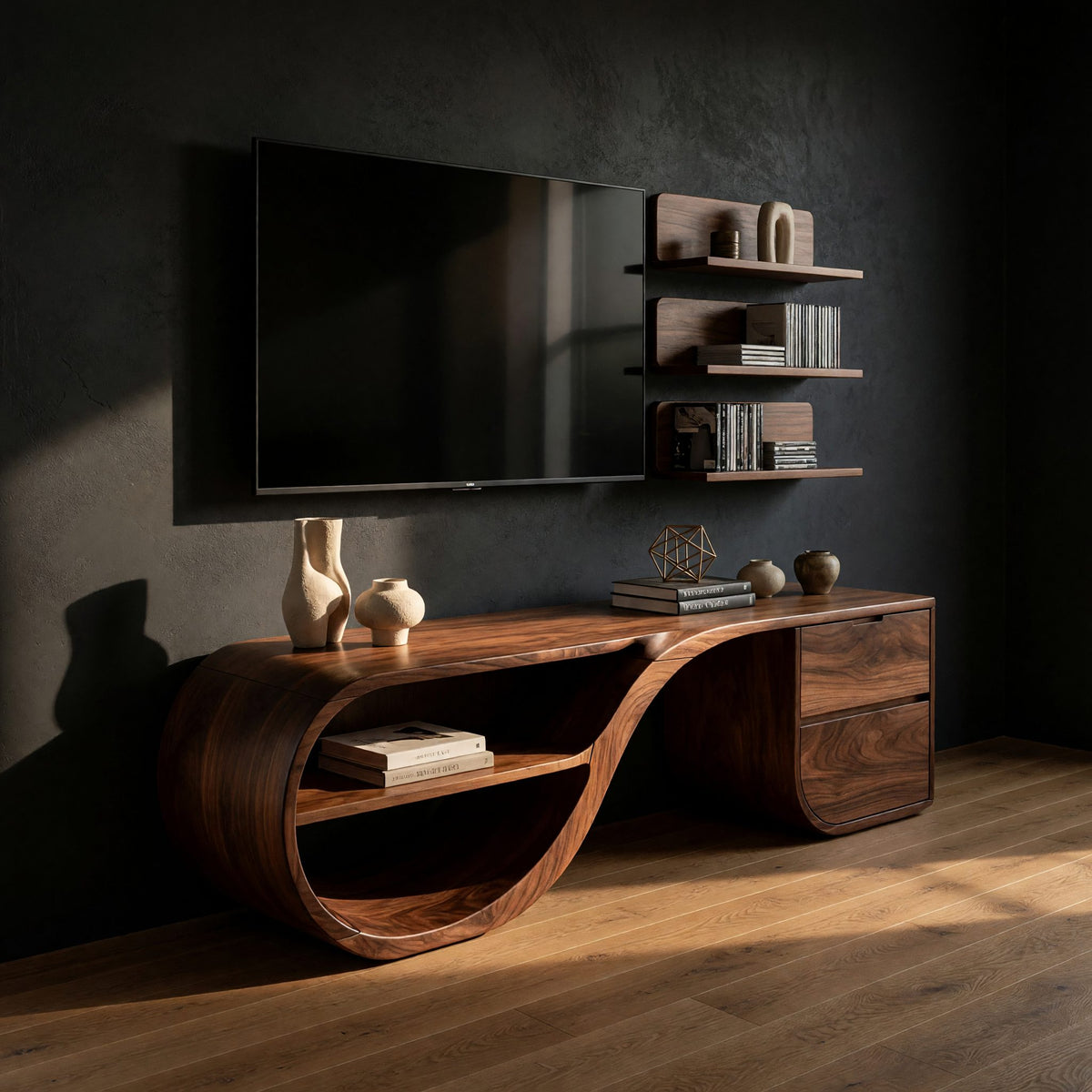 Hand-Sculpted Loop Base TV Console with Drawer Bank