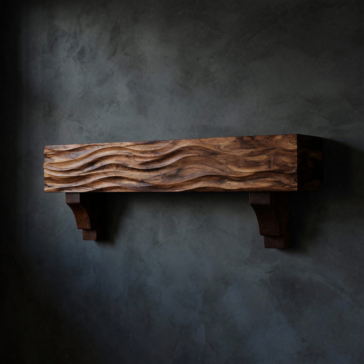 Solid Wood Floating Fireplace Mantel Rustic Shelf With Wave Carved Living