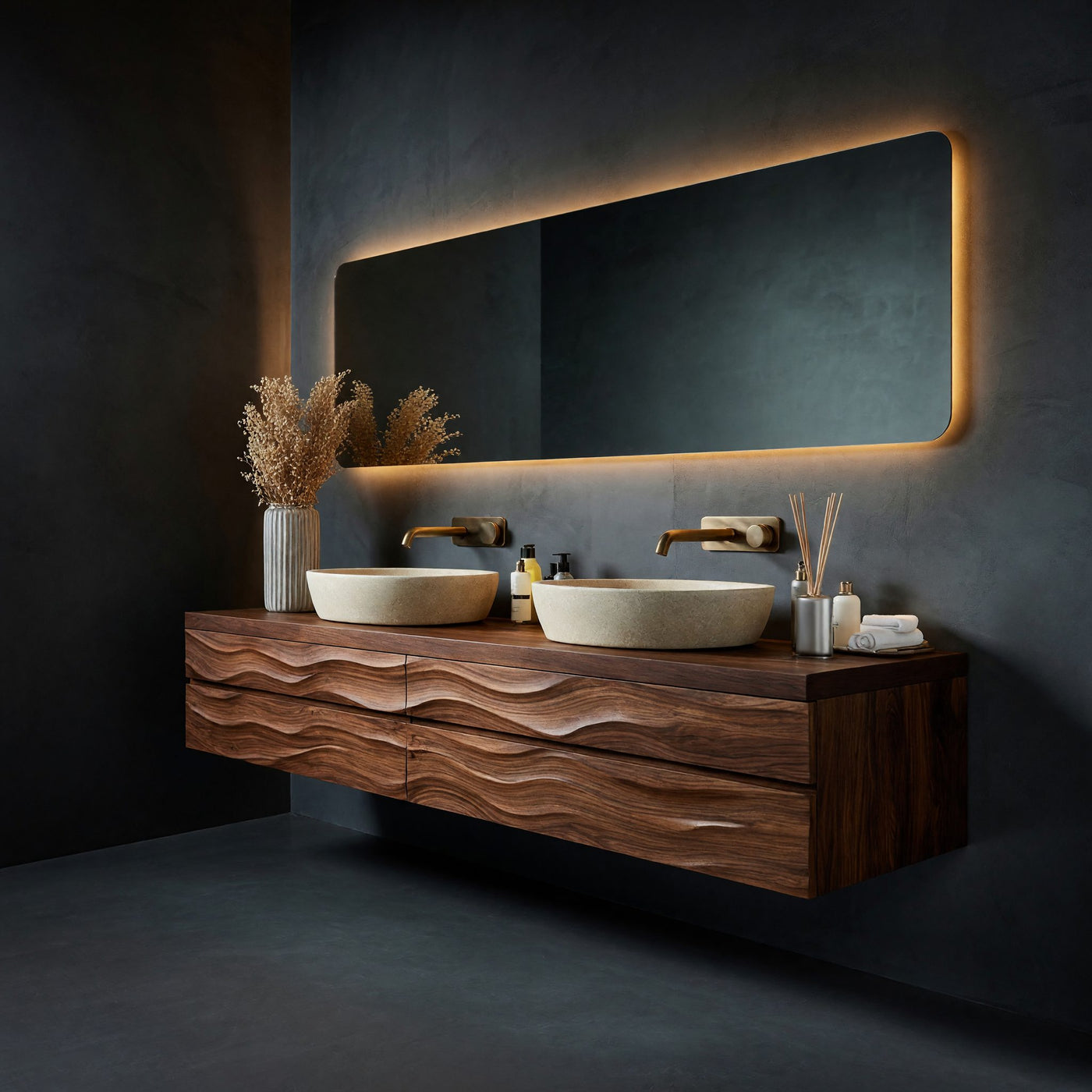 Solid Wood Bathroom Vanity Floating With Wave Texture