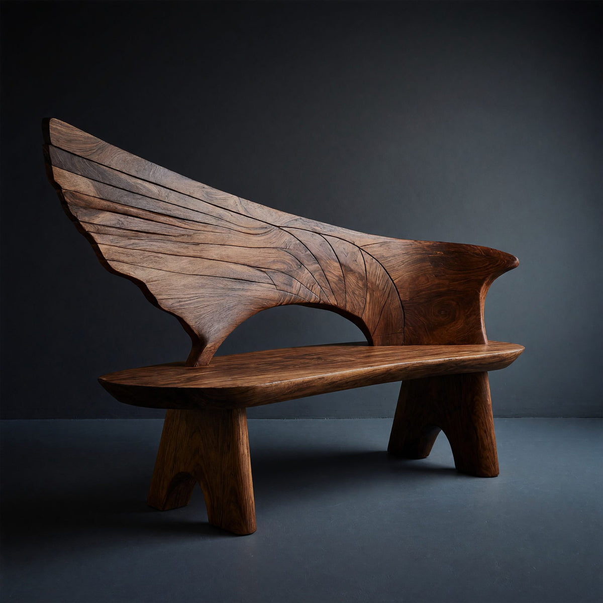 Solid Wood Outdoor Garden Bench With Wing Inspired Carved Backrest