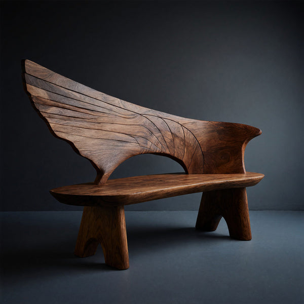 Solid Wood Outdoor Garden Bench With Wing Inspired Carved Backrest