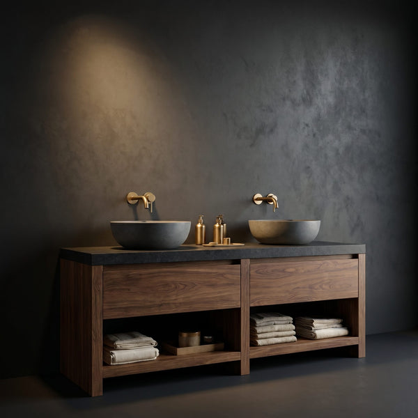 Solid Wood Bathroom Vanity Luxury With Open Shelf Storage