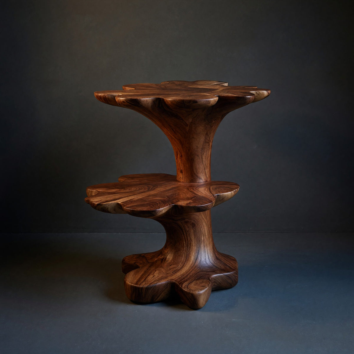 Solid Wood Nightstand Artistic Two Tier Sculptural Base Bedroom