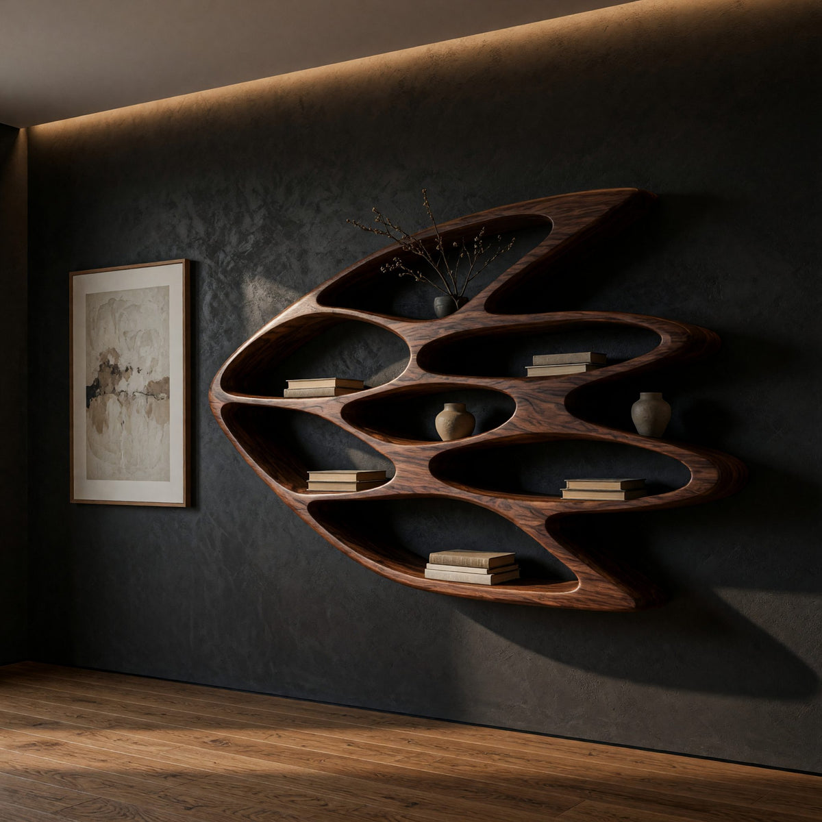 Leaf-Pod Bookshelf Carved with Nine Open Cells