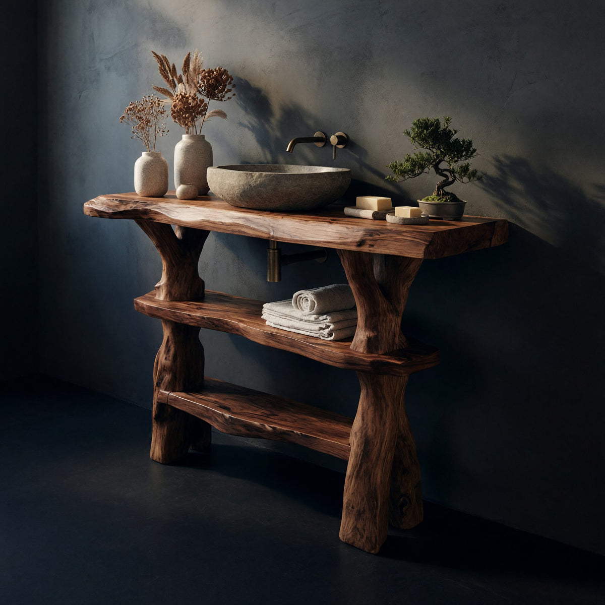 Solid Wood Live Edge Vanity Handmade Sink Family Bathroom
