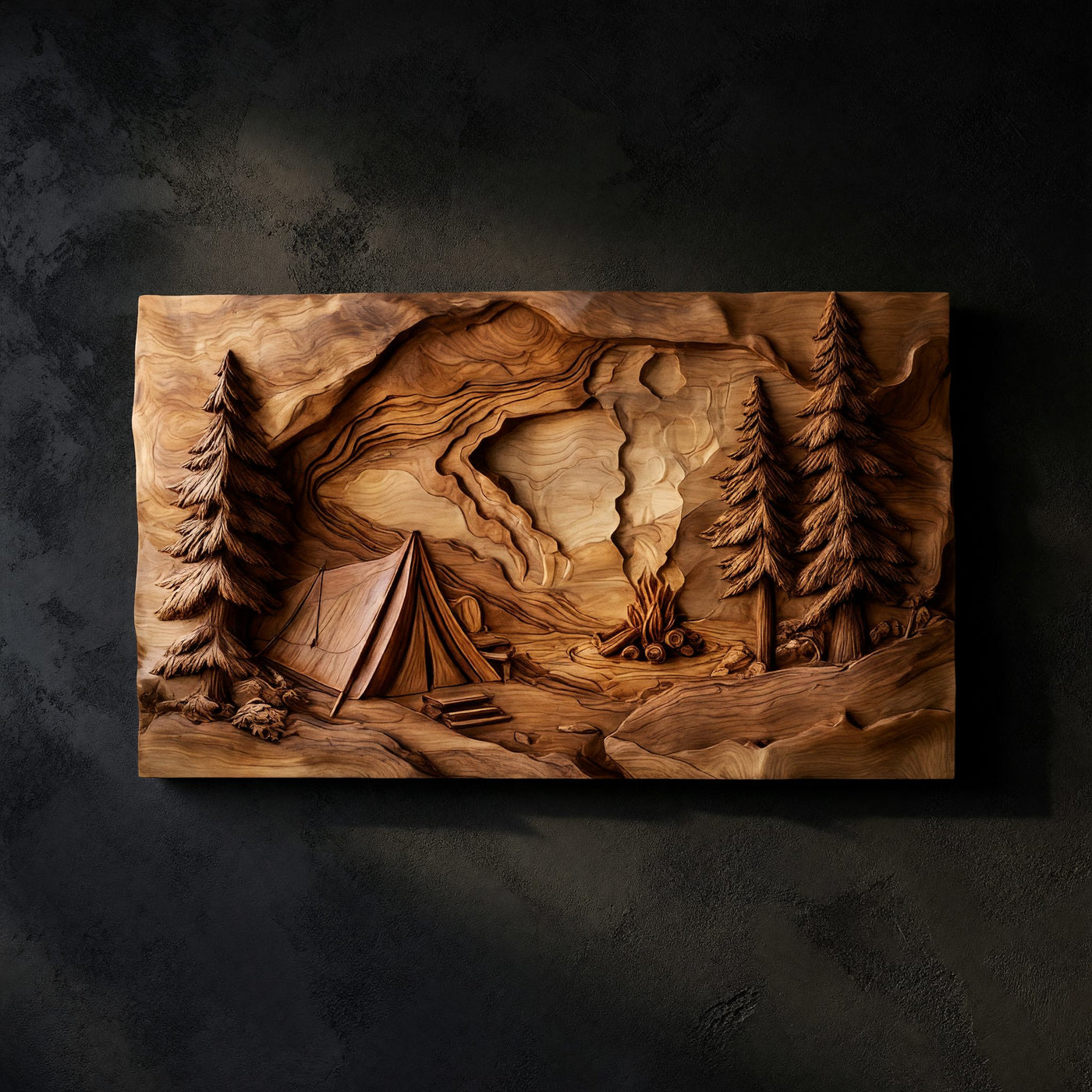 Campfire and Pines Carved Hardwood Wall Art Panel