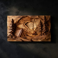 Campfire and Pines Carved Hardwood Wall Art Panel — view 1
