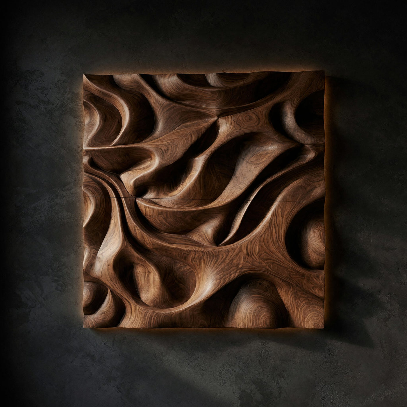 Sculpted Dune Curves, Square Walnut Wall Relief